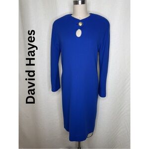 David Hayes Blue Knit Dress Size 4 Gold Button Keyhole Elegant Sheath